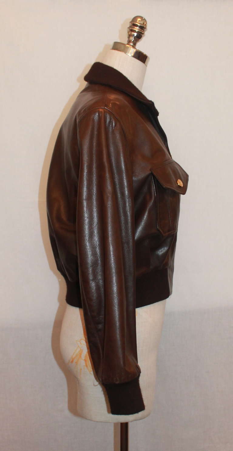 Chanel Dark Brown Leather Bomber Jacket with pockets on chest area and 