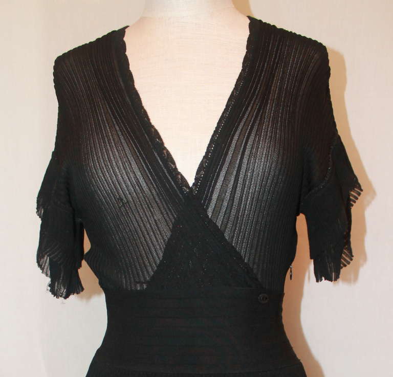 Women's Chanel Black Knit Ruffled Dress - 36