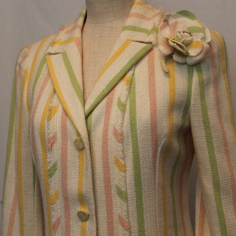 Brown Chanel Pastel Striped Cotton Jacket w/ camelia brooch -  Circa 04C - Sz 40