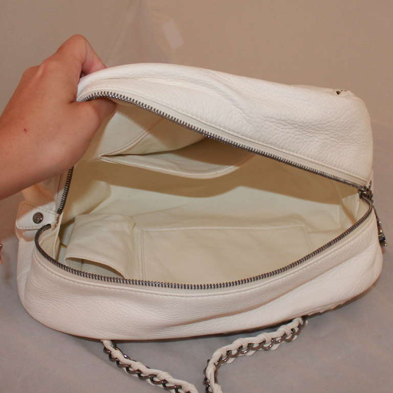 Chanel White Calfskin Luxury Ligne Bowler Handbag - SHW - 2006 In Excellent Condition In West Palm Beach, FL