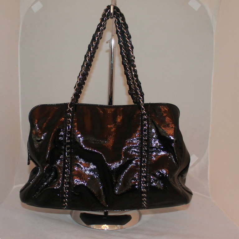 Chanel Black Patent Lambskin Silver Chain Around Large Tote - SHW Circa 2008