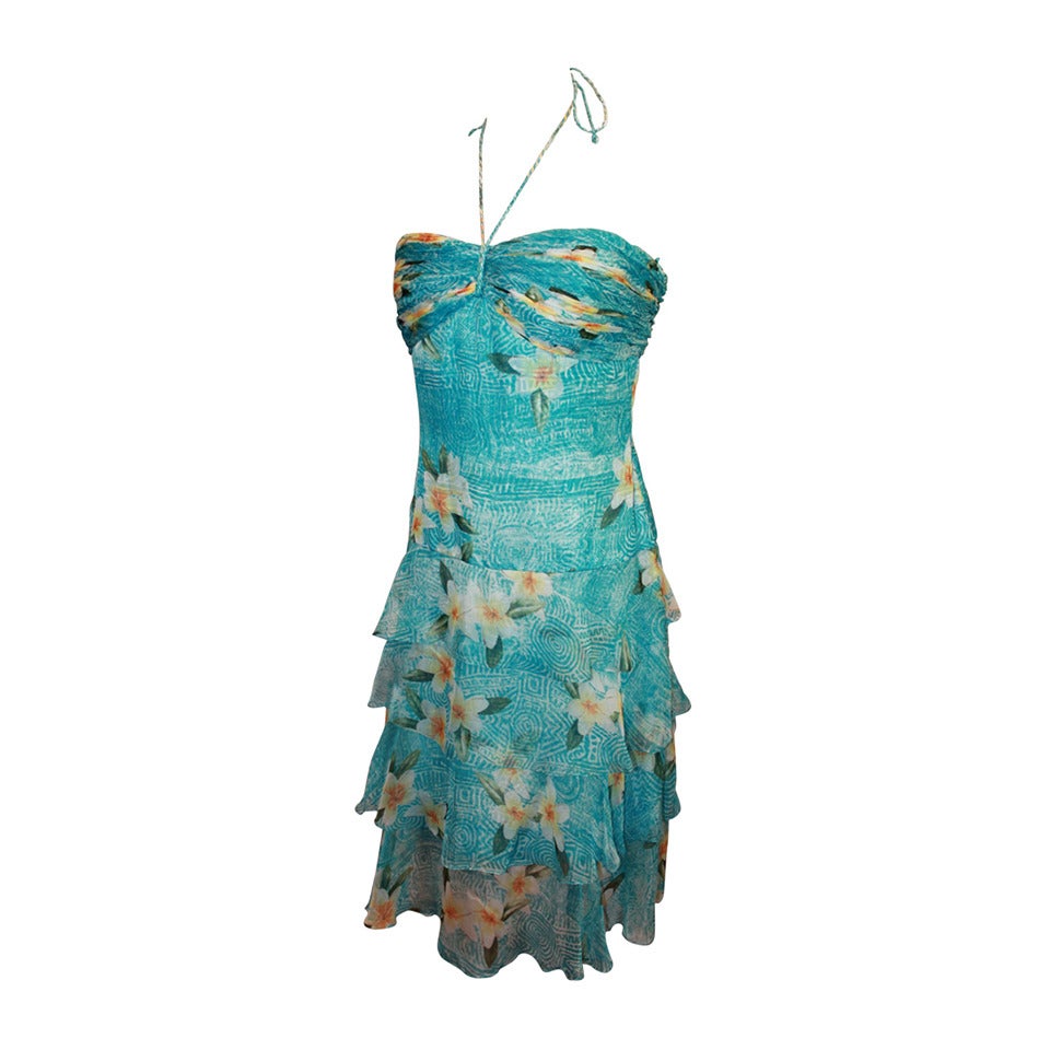 Oscar de la Renta Blue Hawaiian Print Halter Dress and Shawl 10 For