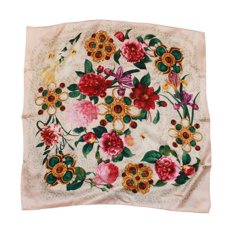 Chanel Pink Scarf with Pearls, Flowers, and Gripoix Print at 1stDibs