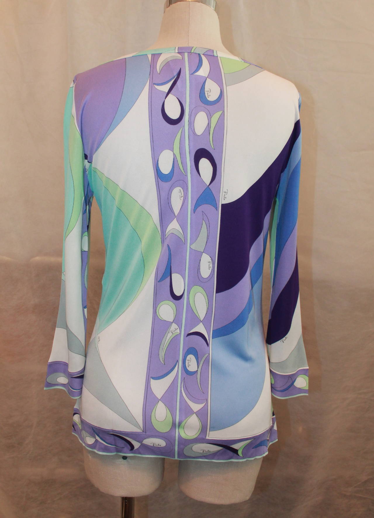 Emilio Pucci 1990's Vintage Aqua & Purple Printed Tunic Top - 12 In Excellent Condition In West Palm Beach, FL