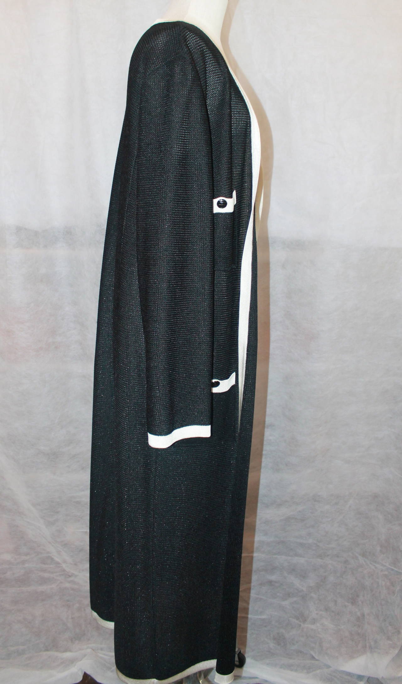 Chanel 1980's Vintage Long Black Knit Coat with Ivory Trim - 44