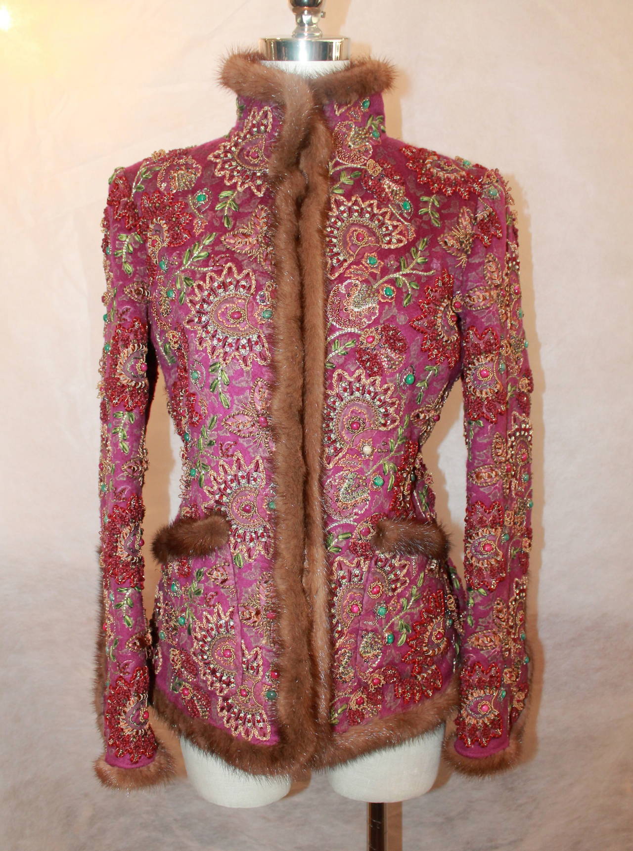 Oscar de la Renta 2000's Deep Fuchsia Cashmere Hand-Beaded Sable Trim Jacket - 8. This jacket is in excellent condition and it is 100% cashmere. This jacket is a limited edition runway piece which he only made about 20-25 of. The beading is an