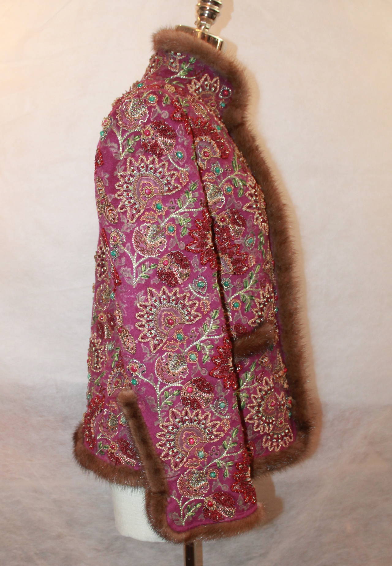 Oscar de la Renta Runway Deep Fucshia Cashmere Hand-Beaded Sable Trim Jacket - 8 2