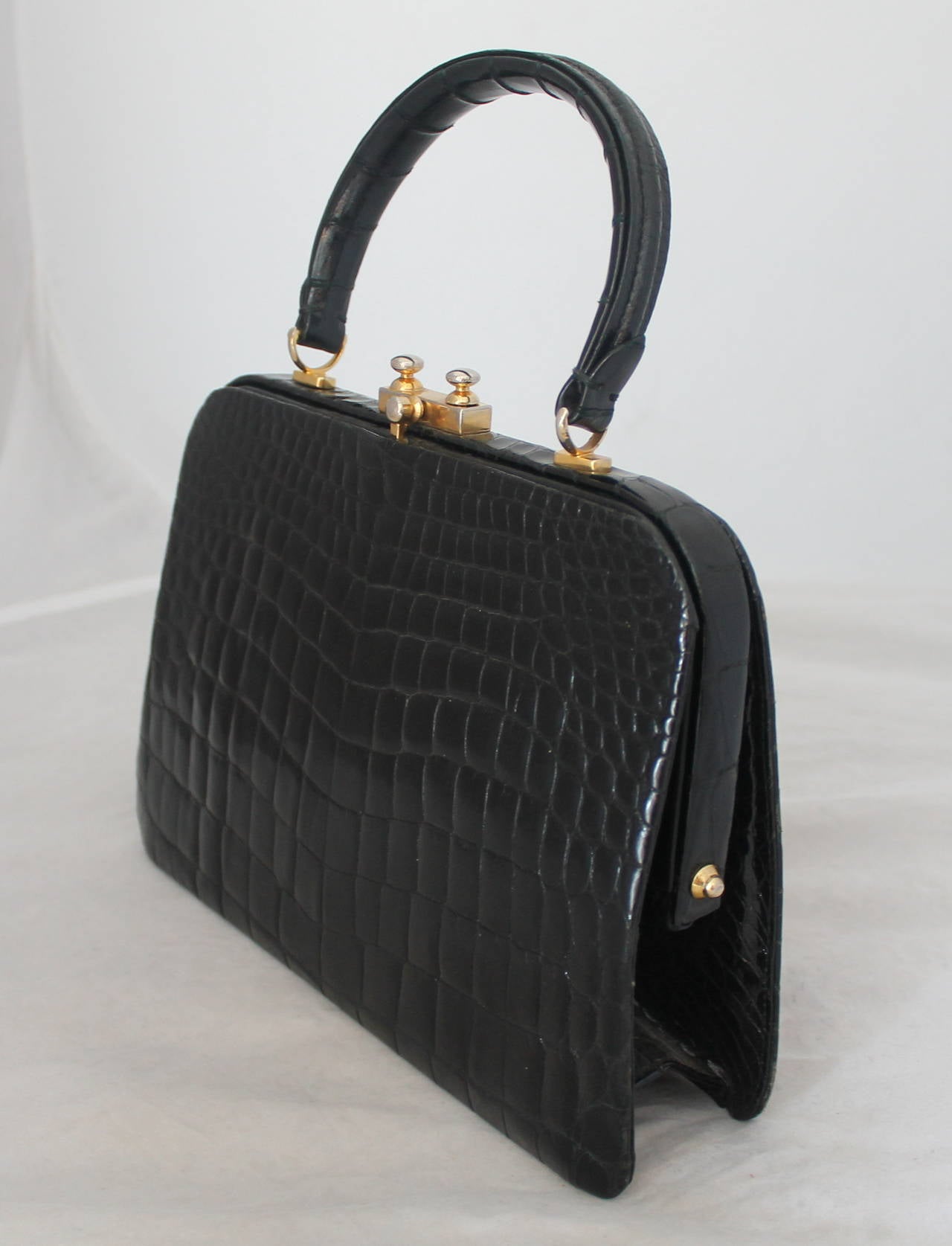 Vintage Black Crocodile Top Handle Handbag - Circa 1950's - GHW