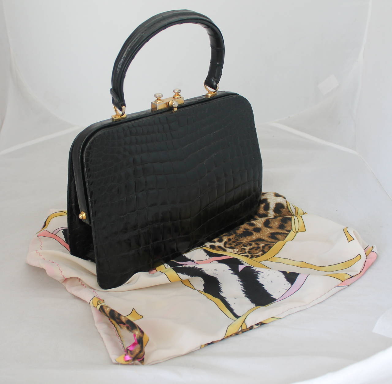 Vintage Black Crocodile Top Handle Handbag Circa 1950's GHW at 1stDibs