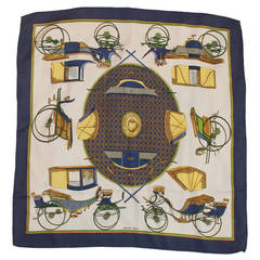 Hermes Navy & White "Les Voitures A Transformation" Stagecoach Print Scarf