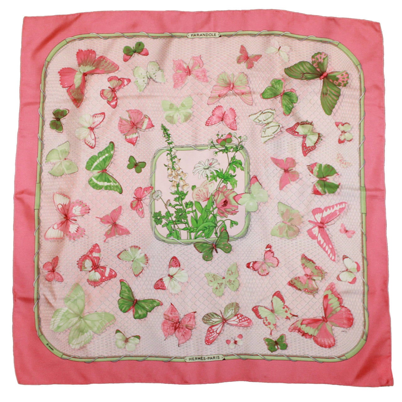 Hermes Pink and Green Butterfly Print Scarf