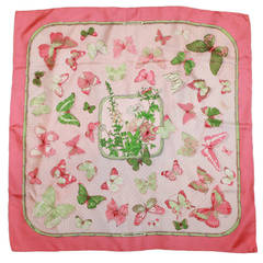 Vintage Hermes Pink and Green Butterfly Print Scarf