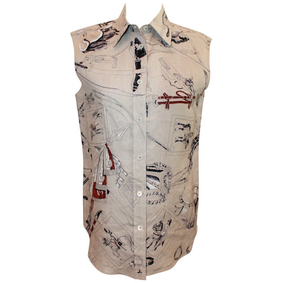 Hermes 1990s Tan "Cavalerie Francaise" Theme Sleeveless Shirt - 36