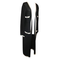 Chanel 1980's Vintage Long Black Knit Coat with Ivory Trim - 44