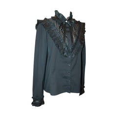 Oscar de la Renta Black Peasant Style Top with Pleating - M 11