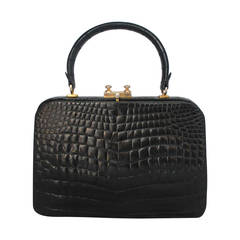 Vintage Black Crocodile Top Handle Handbag - Circa 1950's - GHW