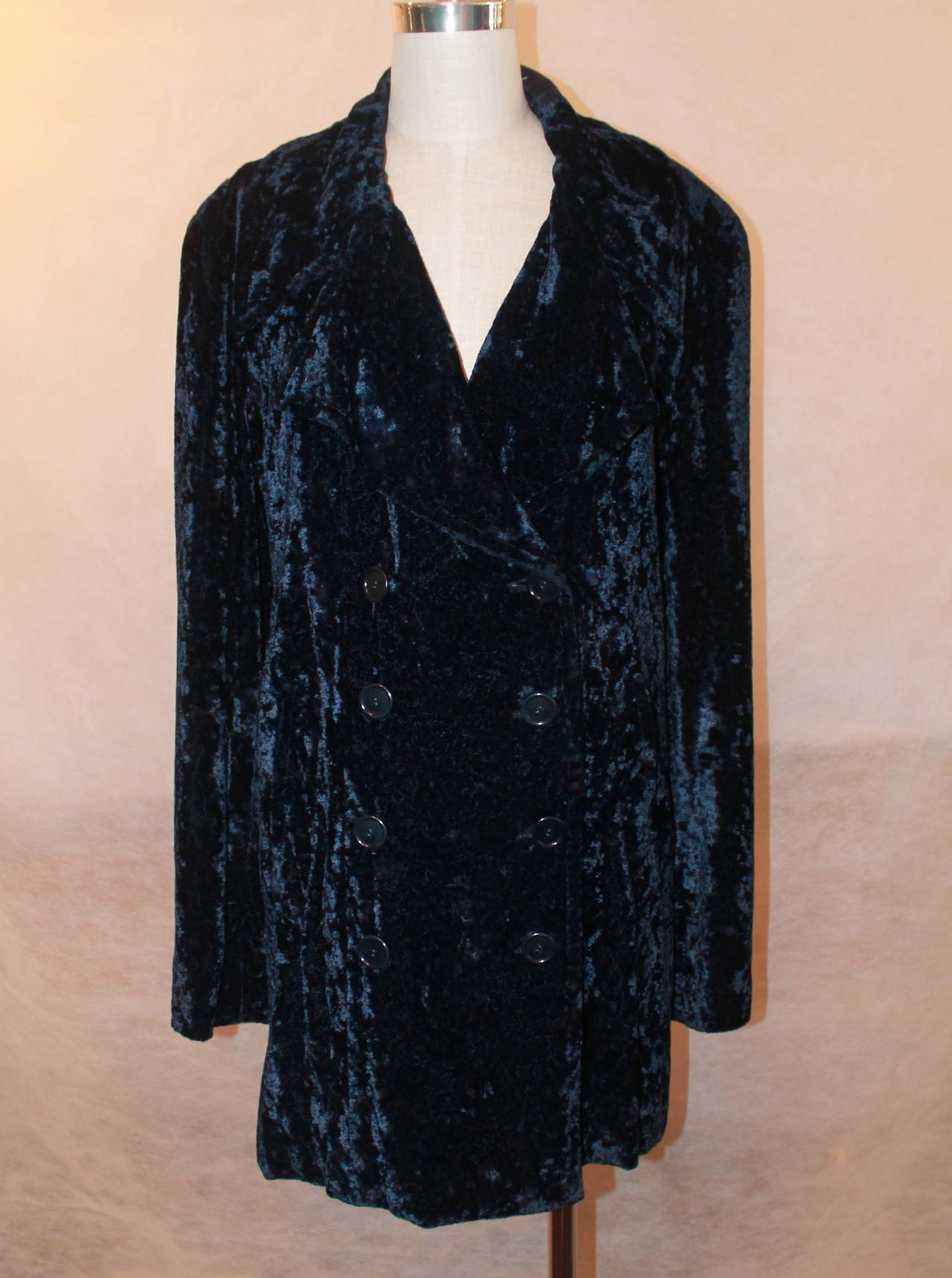Chanel Navy Blue Crushed Velvet Long Double Breasted Jacket-38-Circa 80's