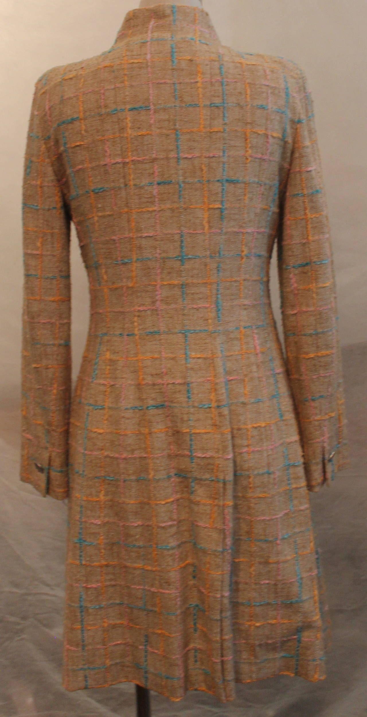 Brown Chanel Tan Cotton Light Tweed Coat Dress w/ pastel details-38-Circa 2001