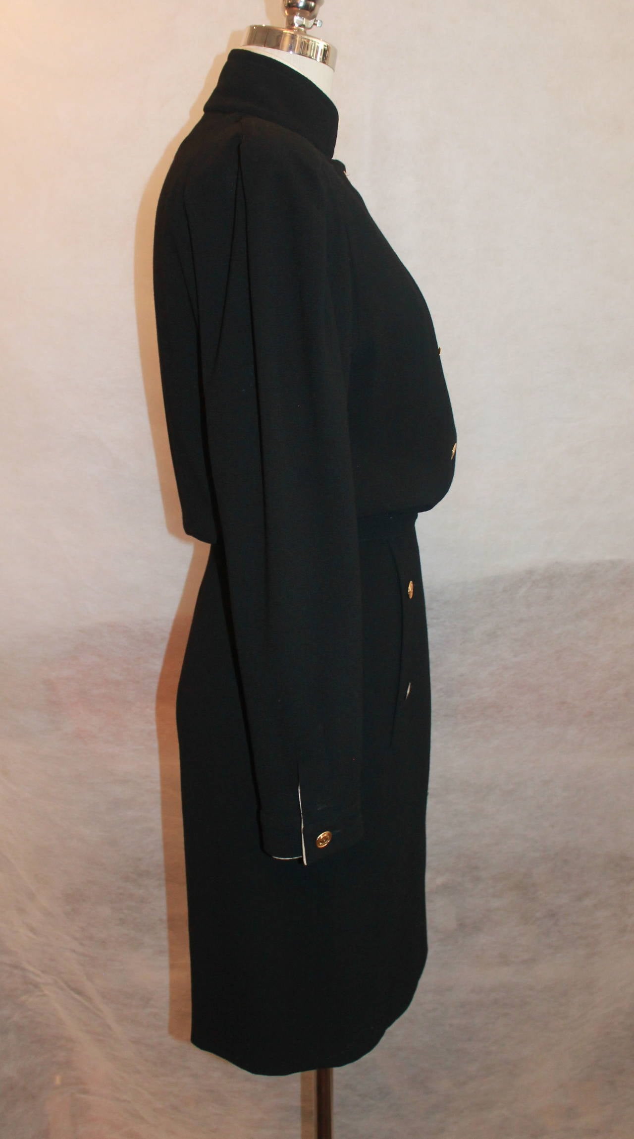 Chanel Black Wool Dress w/ Gold Front button detail - Circa 80's at 1stDibs