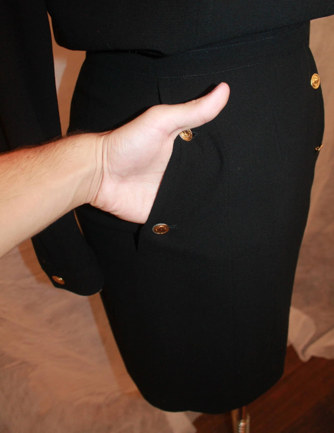 Women's Chanel Black Wool Dress w/ Gold Front button detail - Circa 80's