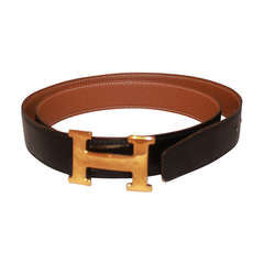 Hermes Gold H Buckle with Black/Gold Leather Belt - 90