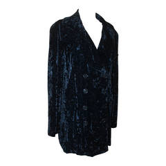 Chanel Navy Blue Crushed Velvet Long Double Breasted Jacket-38-Circa 80's