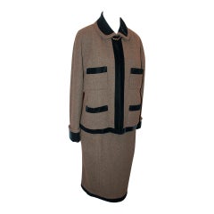 Chanel Brown & Black Wool Skirt Suit w/ velvet trim - Circa 80's