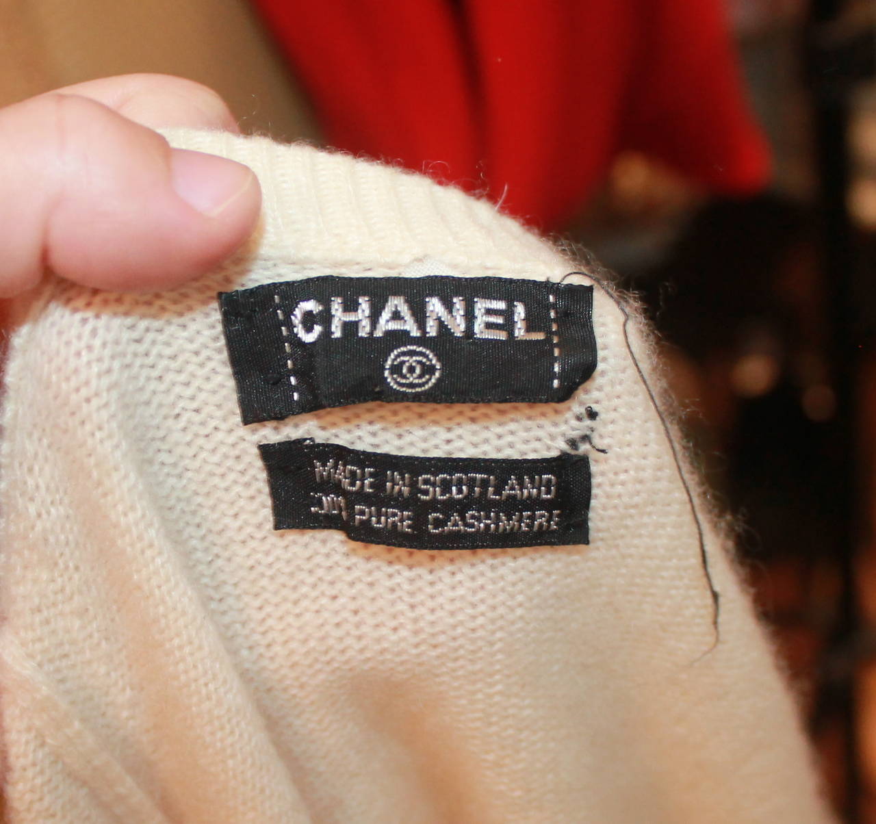 Chanel 1980's Vintage Creme Cashmere Sweater with Pearl Buttons - L 1
