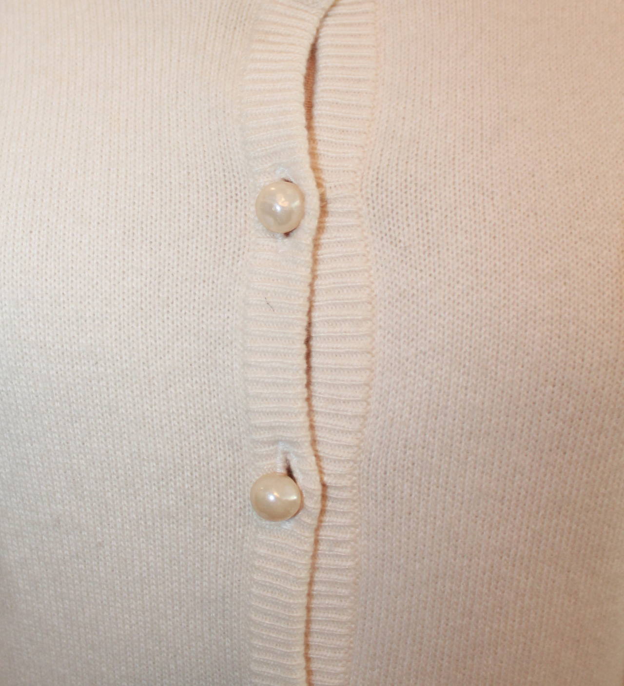 Gray Chanel 1980's Vintage Creme Cashmere Sweater with Pearl Buttons - L