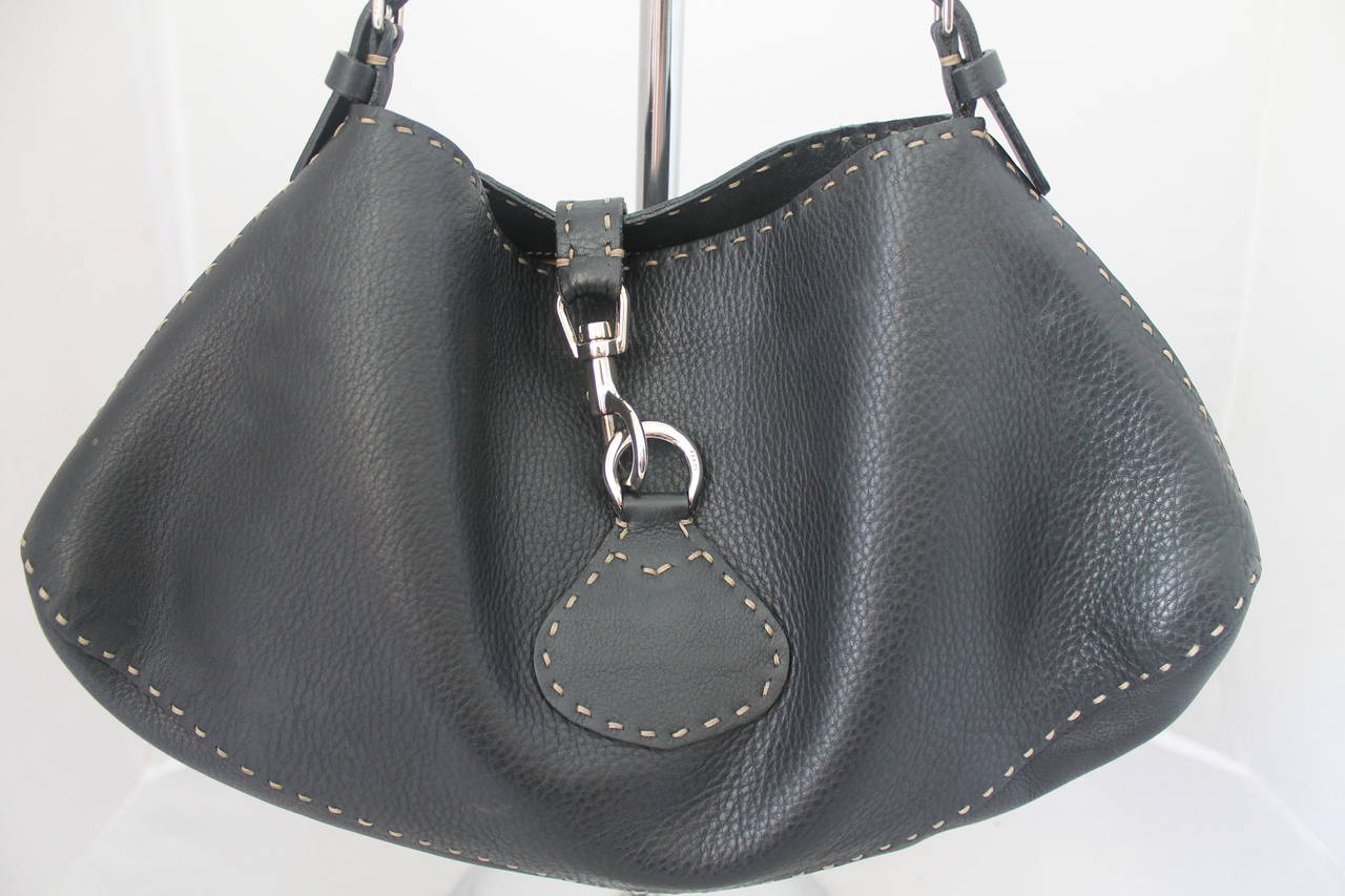 Fendi Black Pebbled Leather Shoulder Bag with Beige Stitching SHW For ...