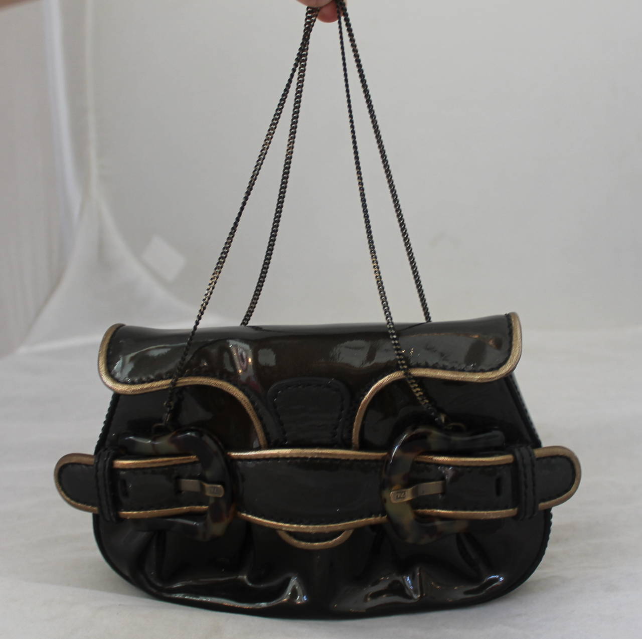 Gray Fendi Deep Olive Patent Bag/Clutch with Tortoise Detail