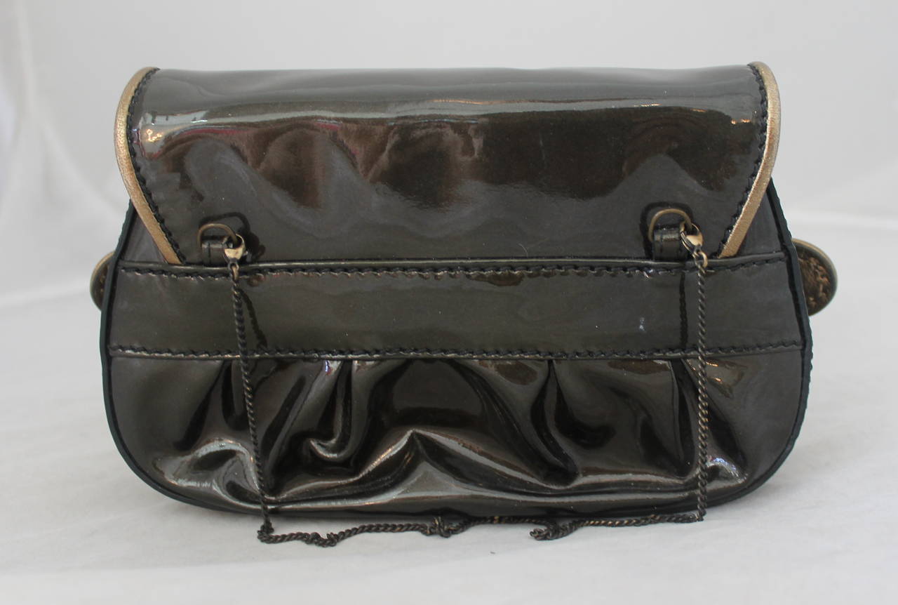 Fendi Deep Olive Patent Bag/Clutch with Tortoise Detail In Excellent Condition In West Palm Beach, FL