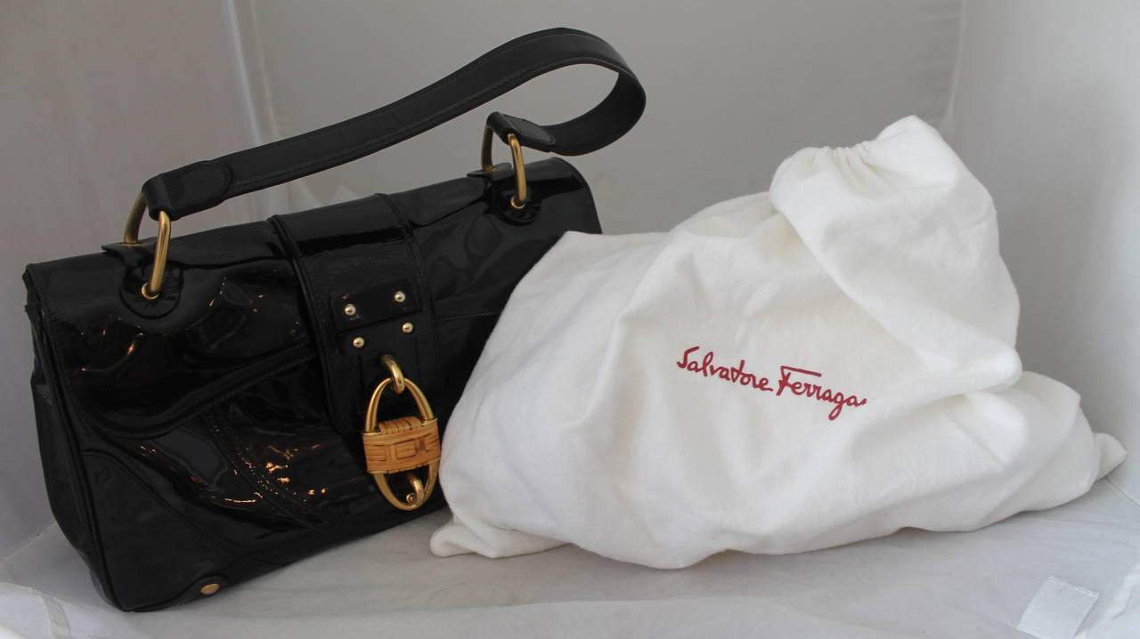 Salvatore Ferragamo Black Patent Leather Shoulder Bag with Bamboo Motif 2