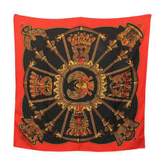 Hermes Red & Black Eagle Crest Silk Scarf