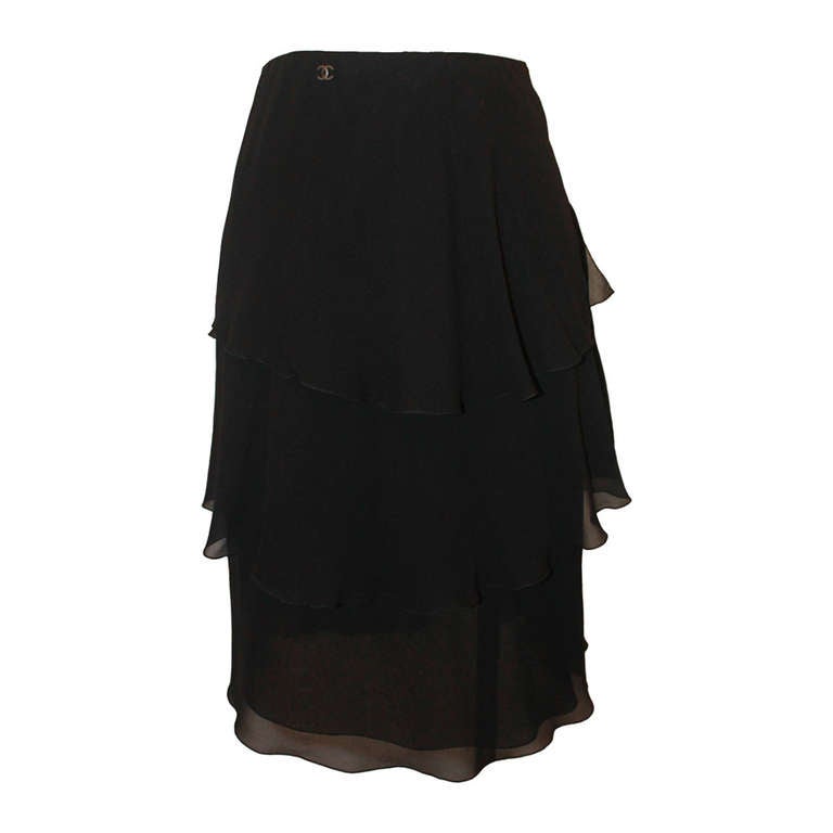 Chanel Black Tiered Silk Chiffon Skirt - 34