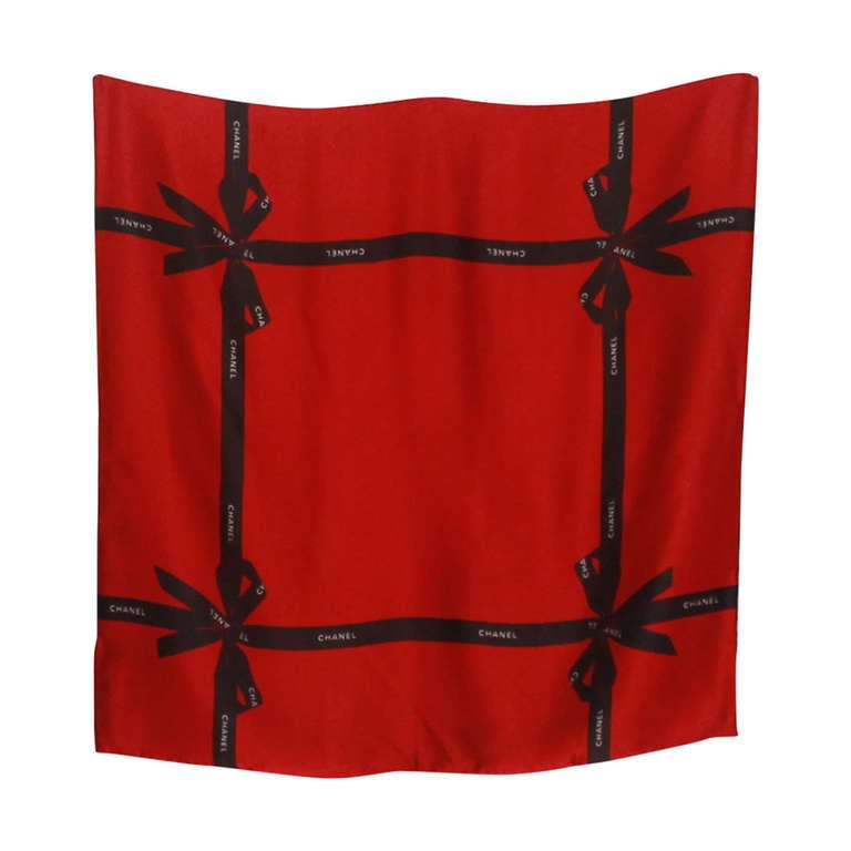 Chanel Red & Black Ribbon Silk Scarf