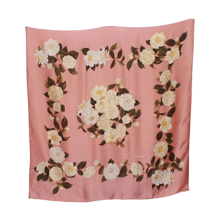 Chanel Dusty Rose Camelia Print Silk Scarf at 1stDibs