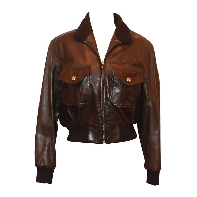 Chanel Dark Brown Leather Bomber Jacket - 38
