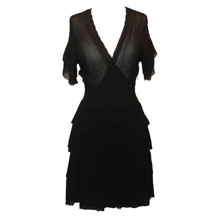 Chanel Black Knit Ruffled Dress - 36