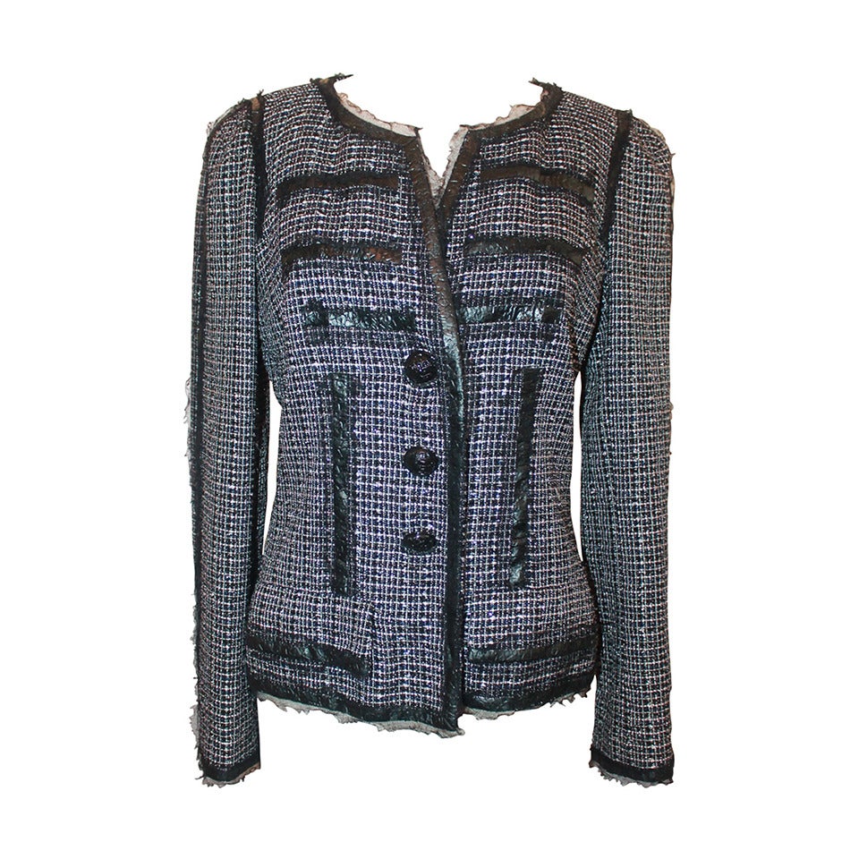 Chanel 2009 Black, White, Pink Tweed Jacket with Patent Detail - 40