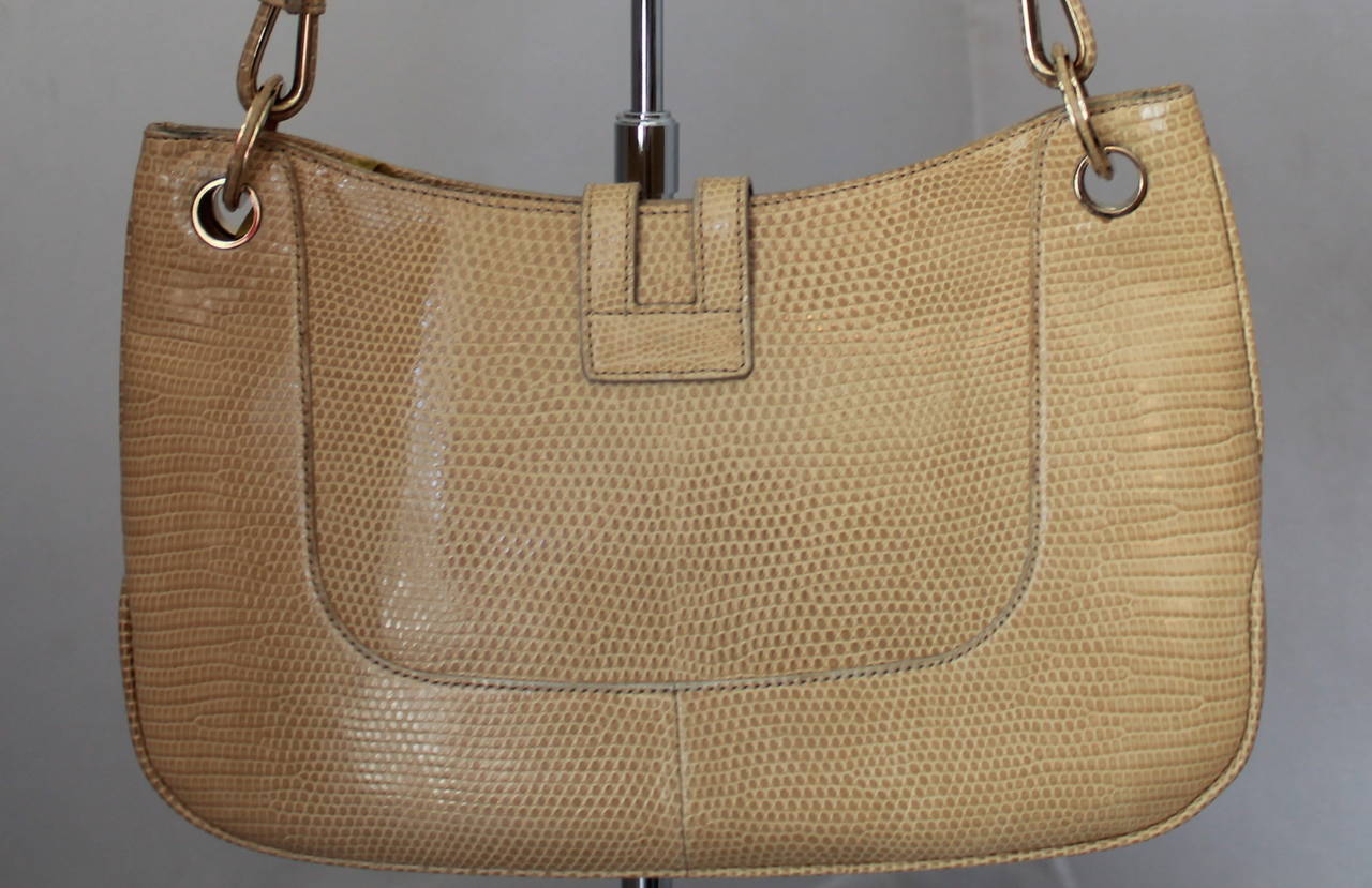 Women's 1980s Gucci Creme Lizard Small Shoulder Bag with Gold Hardware