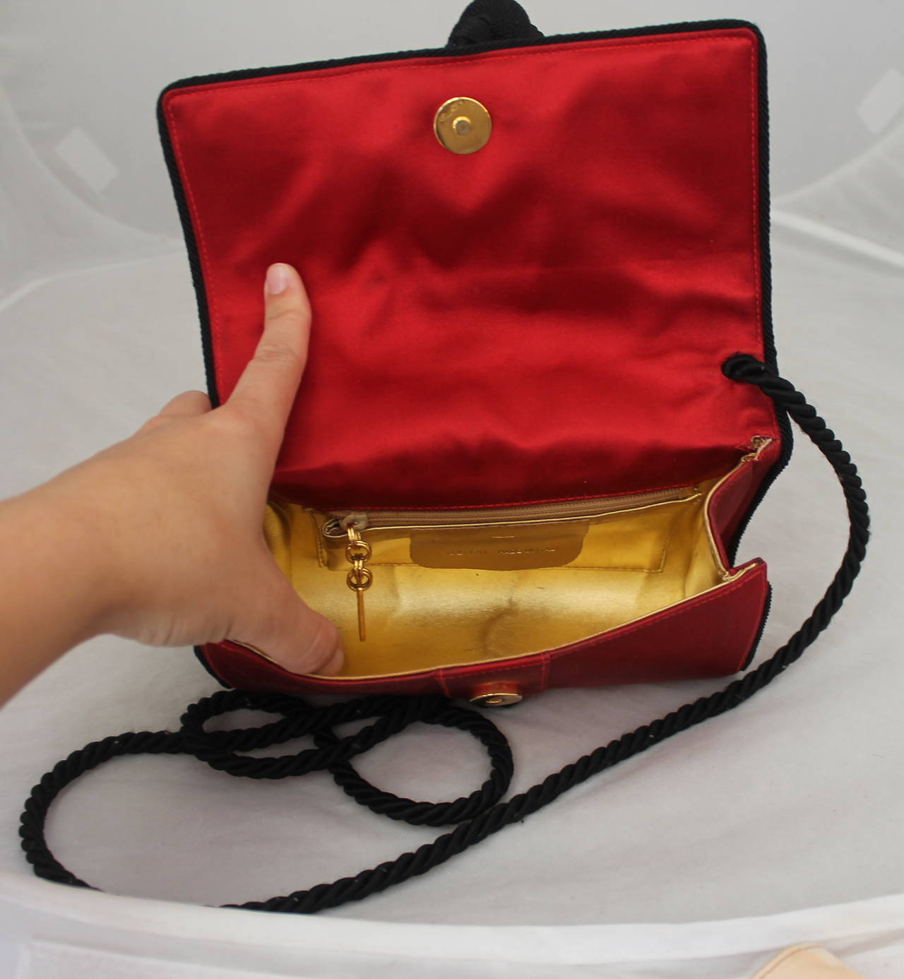 Vintage Salvatore Ferragamo Red and Black Satin Bag with Rope Strap For ...