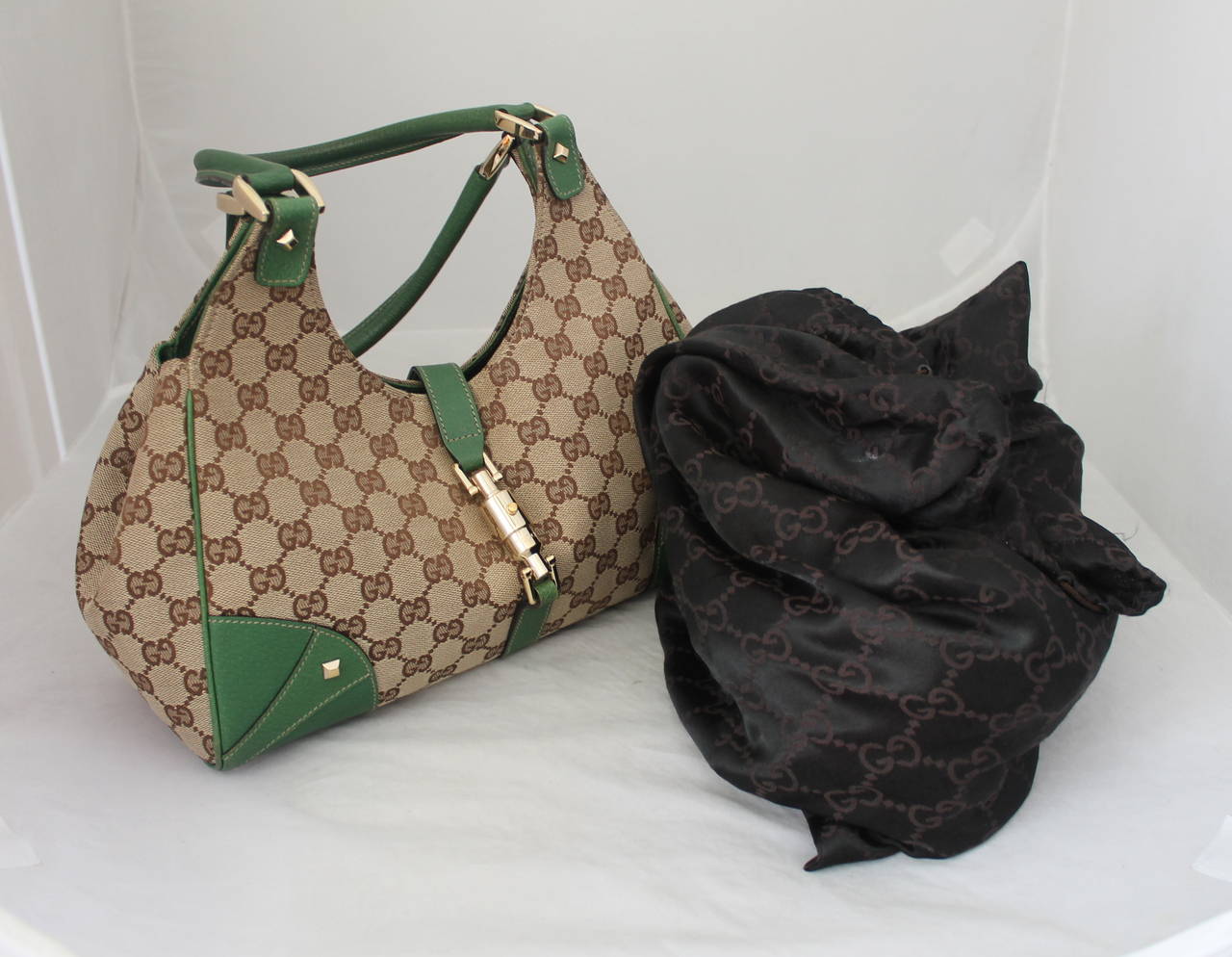 Black Gucci Brown Fabric and Green Leather Printed Monogram Shoudler Bag