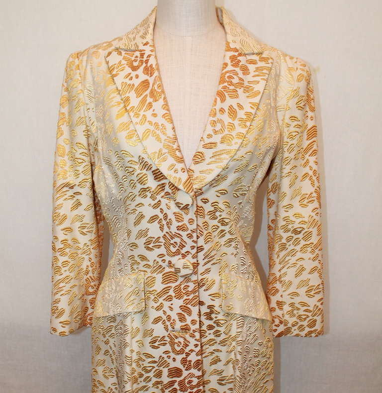 Women's Oscar de la Renta Ivory & Gold Leopard Print Cut Velvet Coat - 8