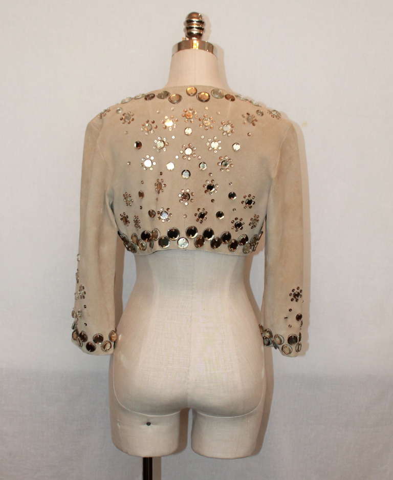 J. Mendel Tan Suede Beaded Crop Jacket - S In Excellent Condition In West Palm Beach, FL
