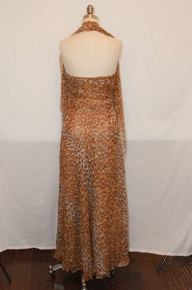 Brown Vicky Tiel Leopard Silk Chiffon Gown - 6