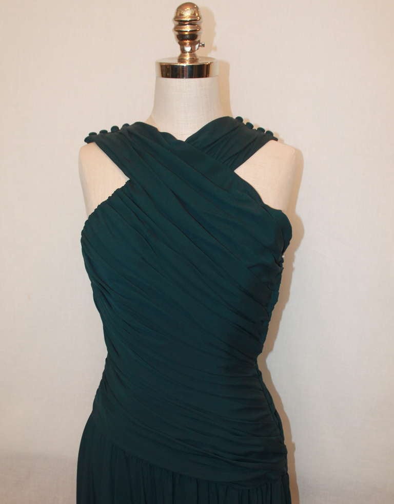 Carolyn Roehm Dark Teal Ruched Gown - 4 In Excellent Condition In West Palm Beach, FL