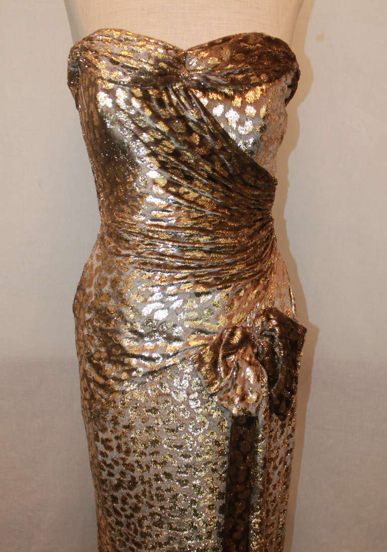 Brown Carolyn Roehm Gold Silk Pane Cut Velvet Gown - 4