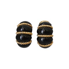 Vintage Kenneth Jay Lane 1990
s Black 
Gold-tone Rope Detail Clip-ons