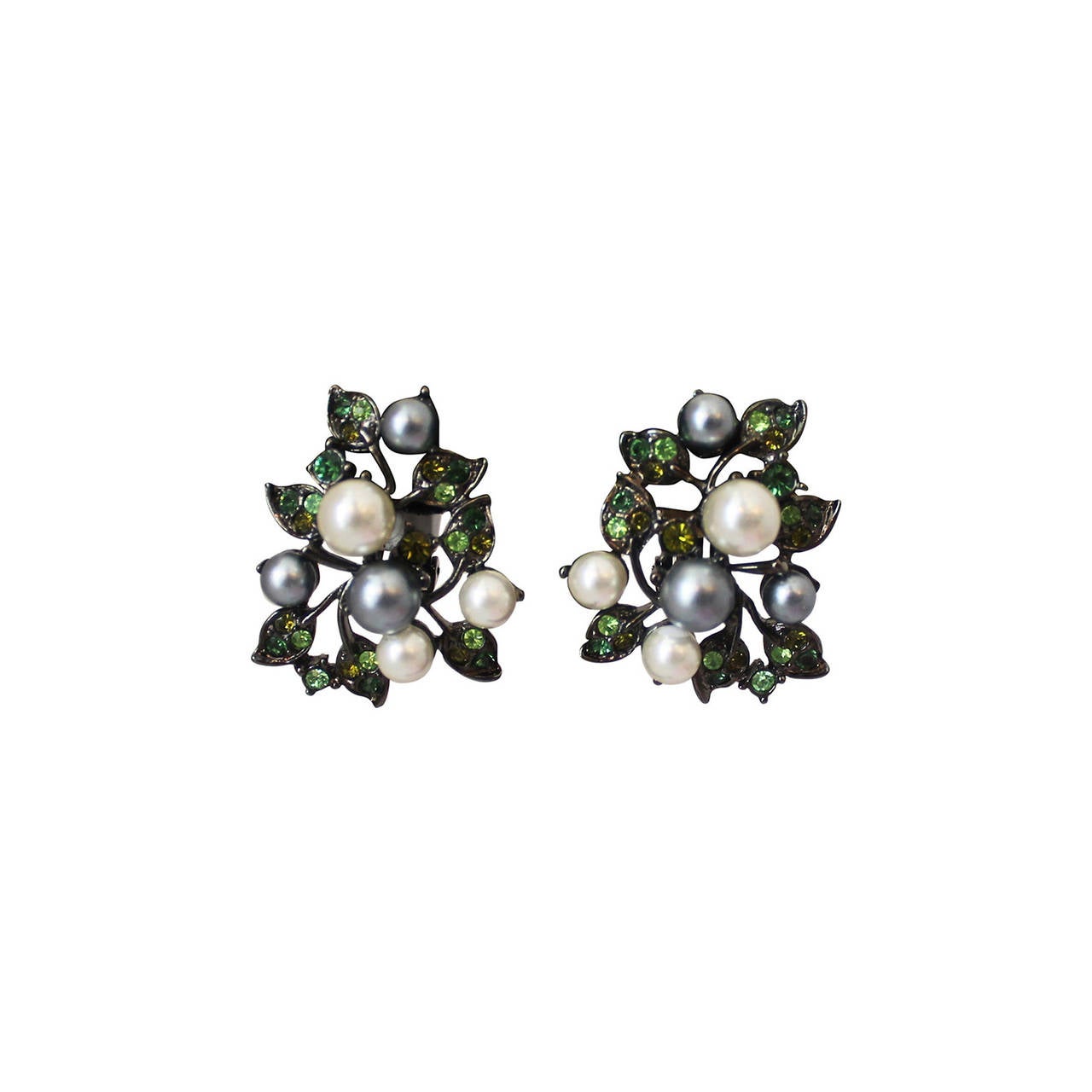 Kenneth Jay Lane 1990's Pearl & Green Rhinestone Clip-on Earrings